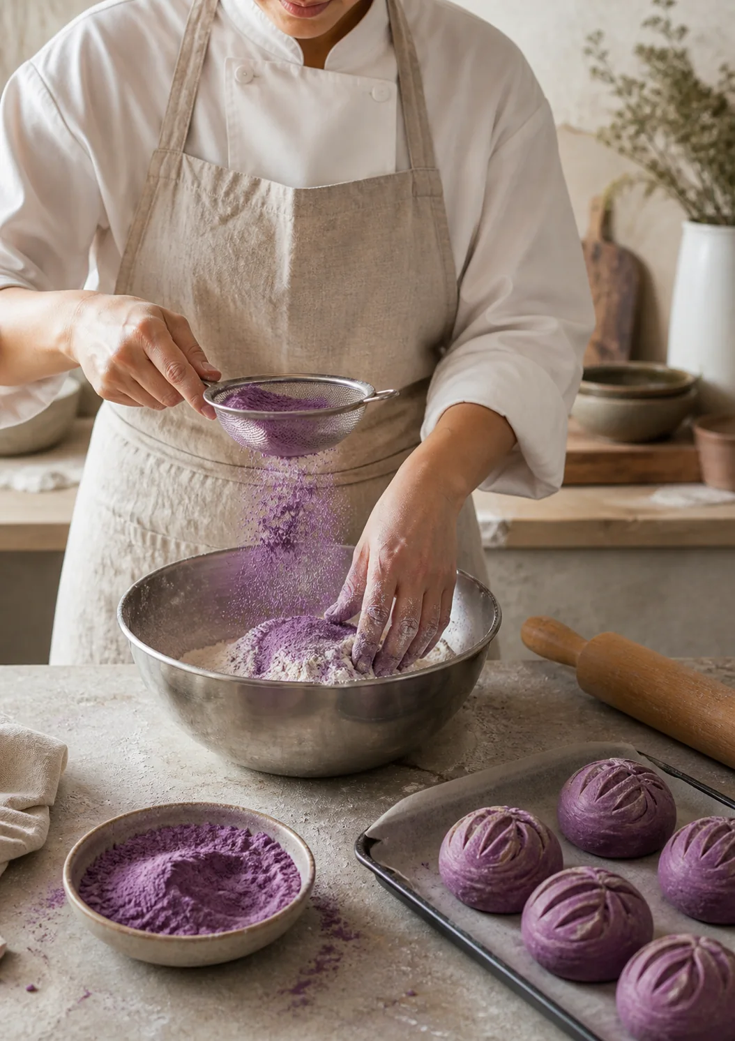Professional pastry chef making bakery products with purple sweet potato powder
